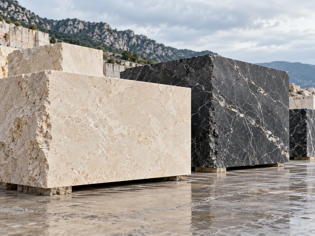 Quarried natural stone blocks prepared for processing and export