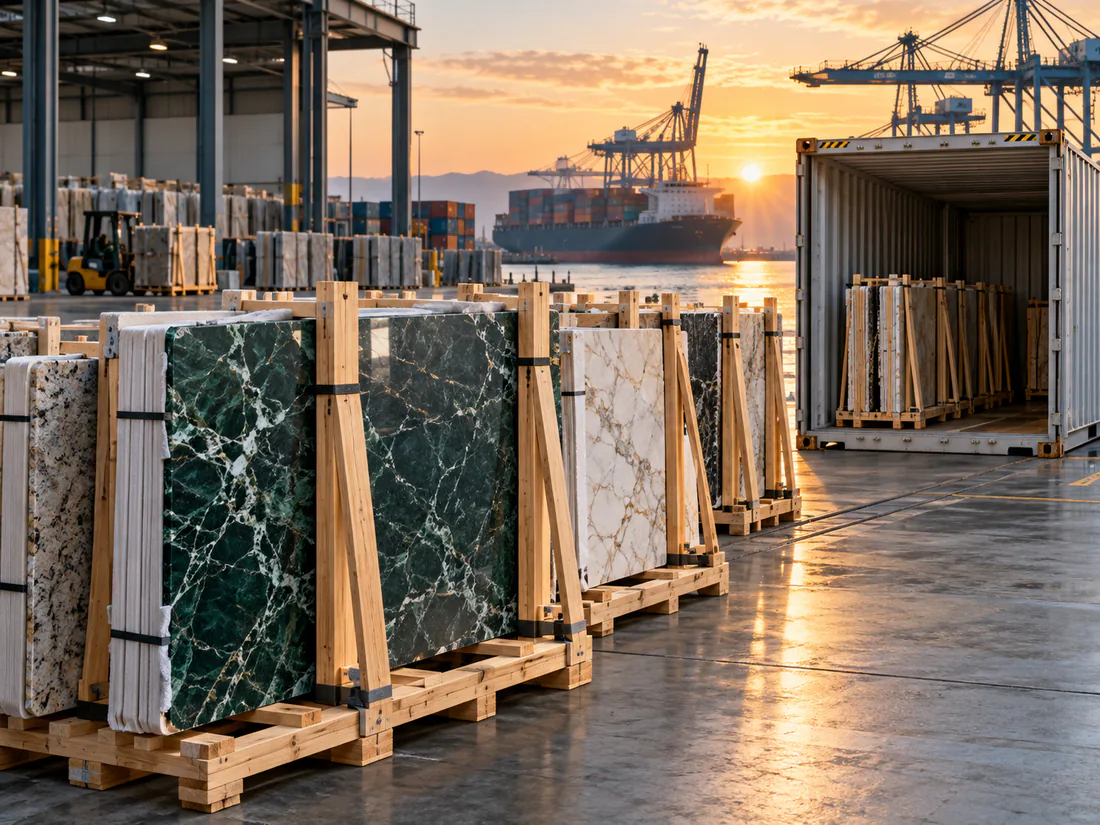 Crated natural stone products prepared for international shipping