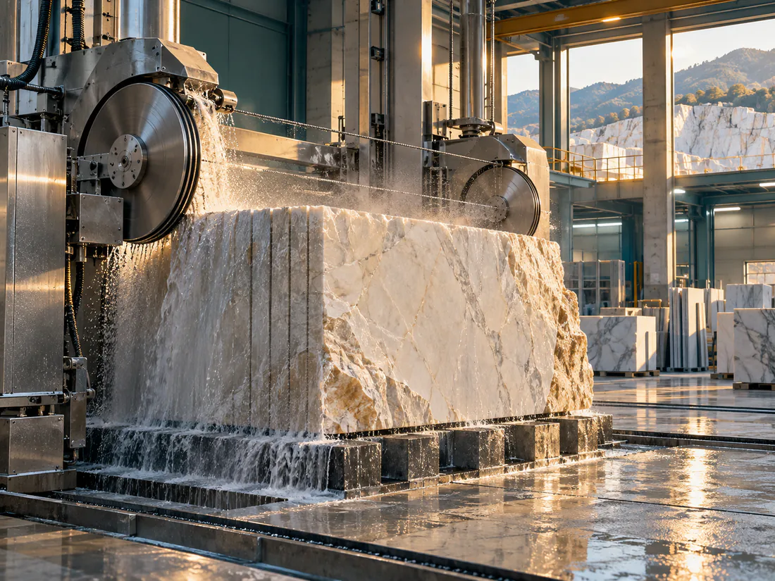 Natural stone manufacturing facility preparing blocks for the next stage