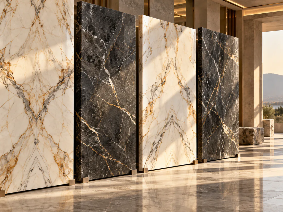 Polished natural stone slabs displaying distinctive grain and veining